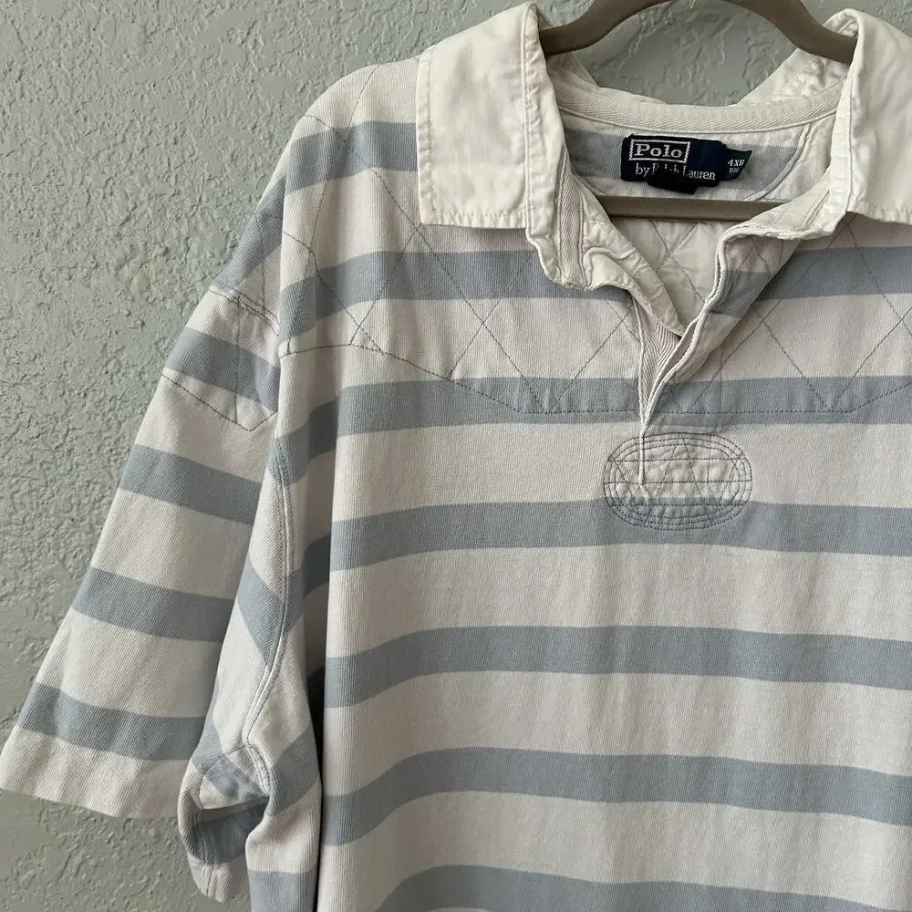 Polo Ralph Lauren Rugby Shirt 4XB Big Blue White Stripe Cotton Flesh Pony Preppy